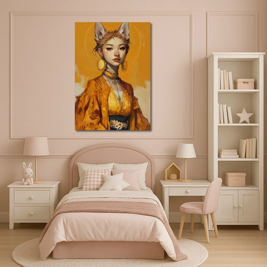 Fox Girl Fantasy Portrait Yellow Background Art – Wall Art