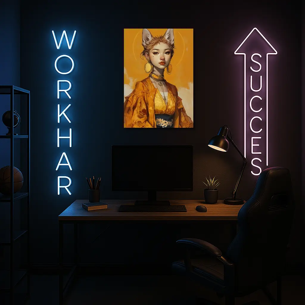 Fox Girl Fantasy Portrait Yellow Background Art – Wall Art