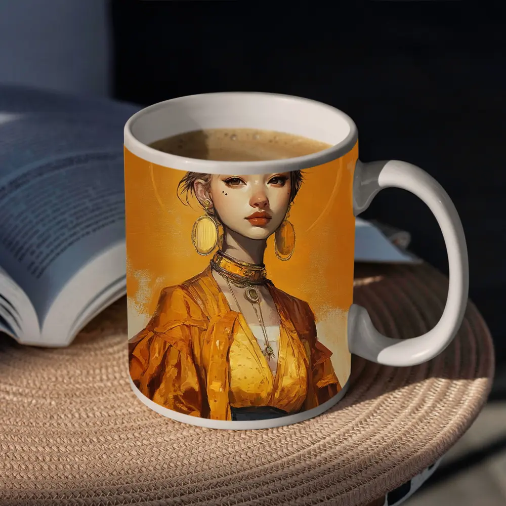 Fox Girl Fantasy Portrait Yellow Background Art – Mugs