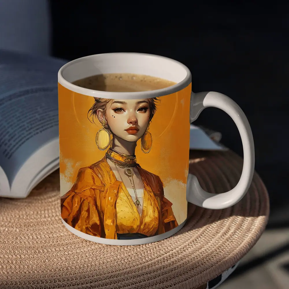 Fox Girl Fantasy Portrait Yellow Background Art – Mugs