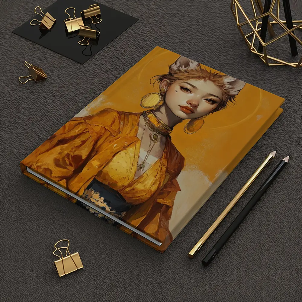 Fox Girl Fantasy Portrait Yellow Background Art – Notebooks