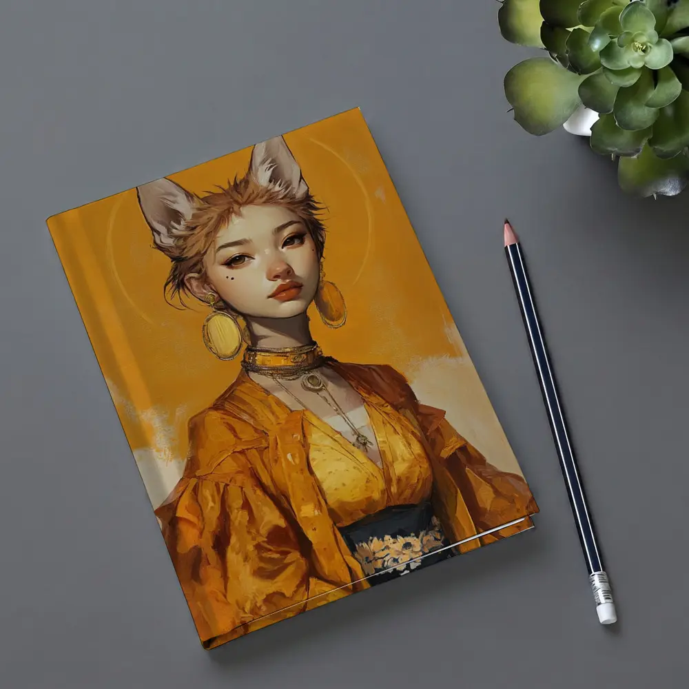 Fox Girl Fantasy Portrait Yellow Background Art – Notebooks