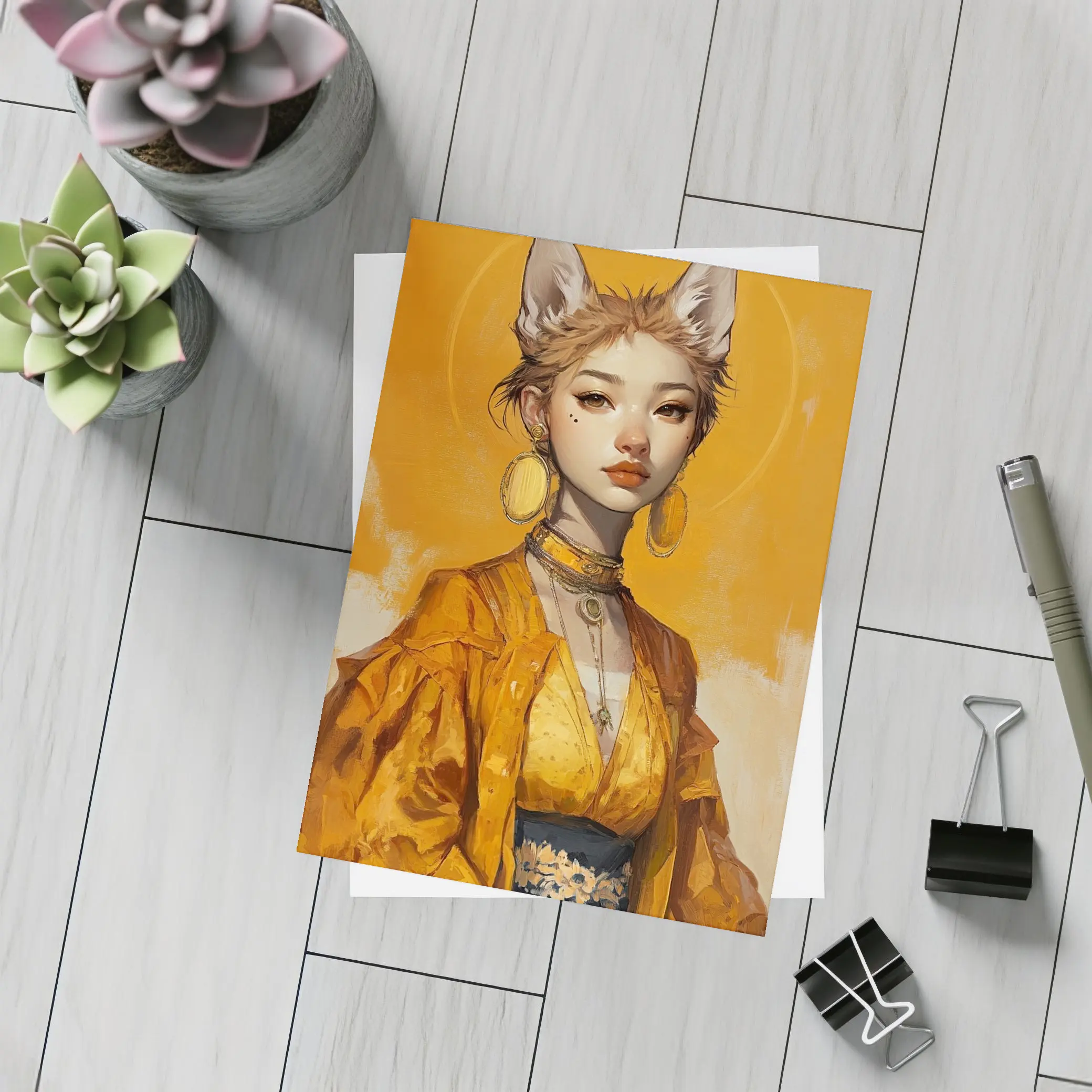 Fox Girl Fantasy Portrait Yellow Background Art – Postcards
