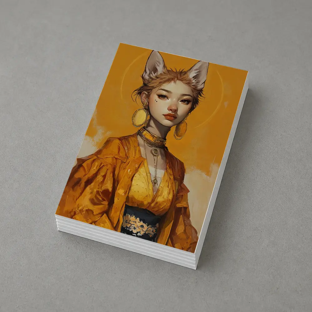 Fox Girl Fantasy Portrait Yellow Background Art – Postcards
