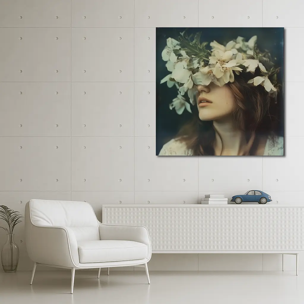 Woman White Flower Crown Dark Moody Portrait – Wall Art