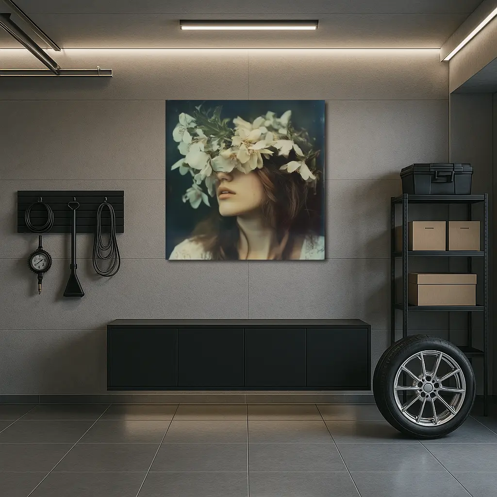 Woman White Flower Crown Dark Moody Portrait – Wall Art