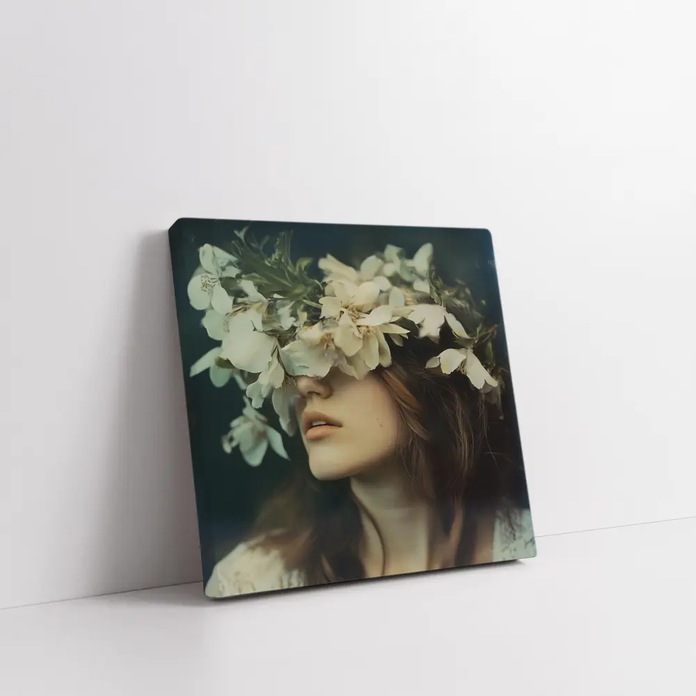 Woman White Flower Crown Dark Moody Portrait – Wall Art