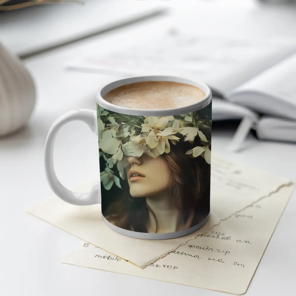 Woman White Flower Crown Dark Moody Portrait – Mugs