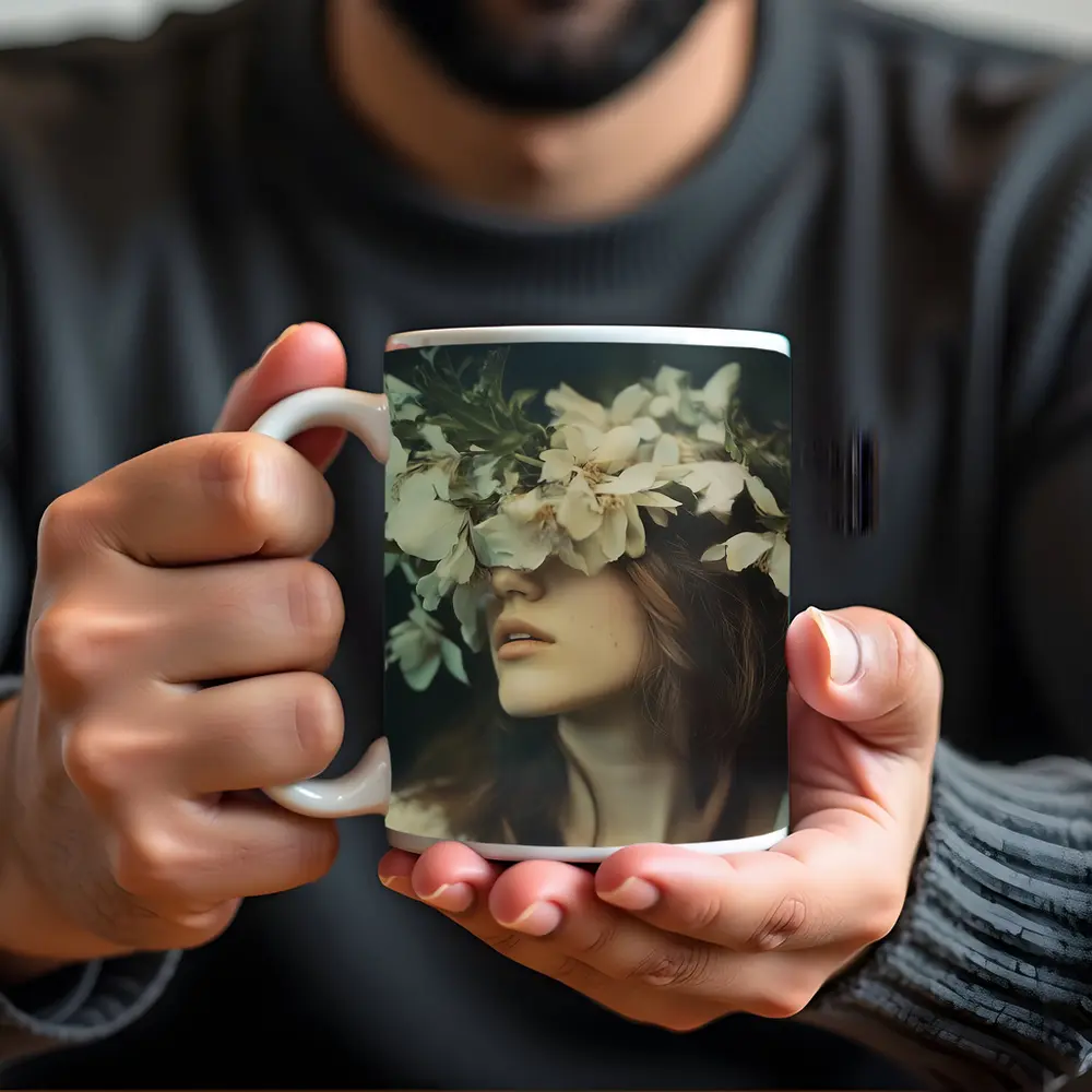 Woman White Flower Crown Dark Moody Portrait – Mugs