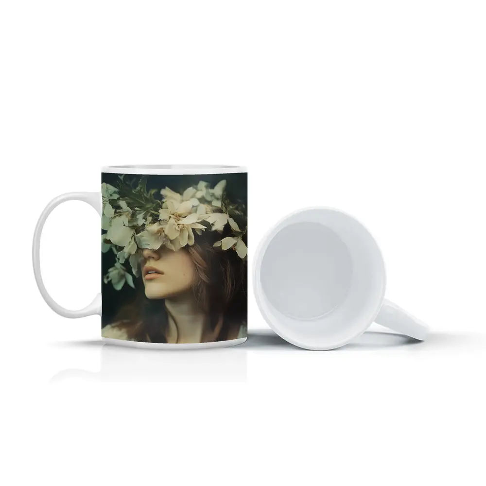Woman White Flower Crown Dark Moody Portrait – Mugs