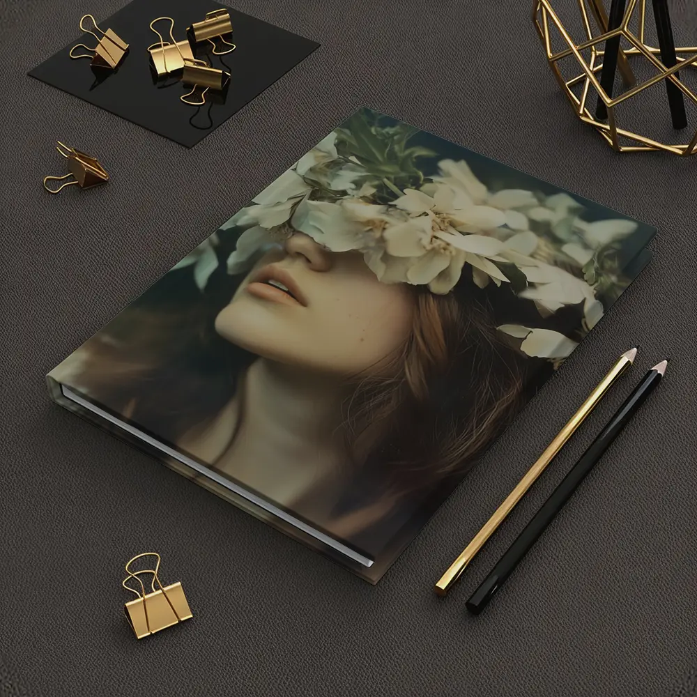 Woman White Flower Crown Dark Moody Portrait – Notebooks
