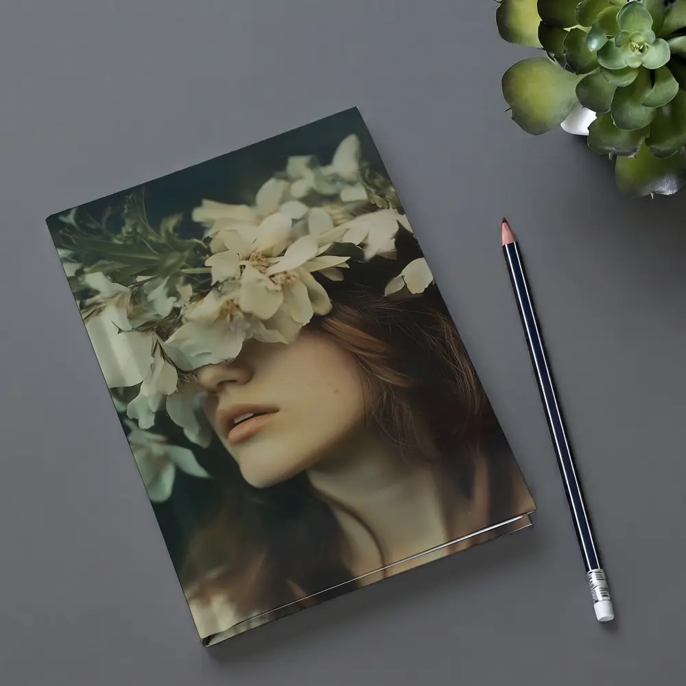 Woman White Flower Crown Dark Moody Portrait – Notebooks