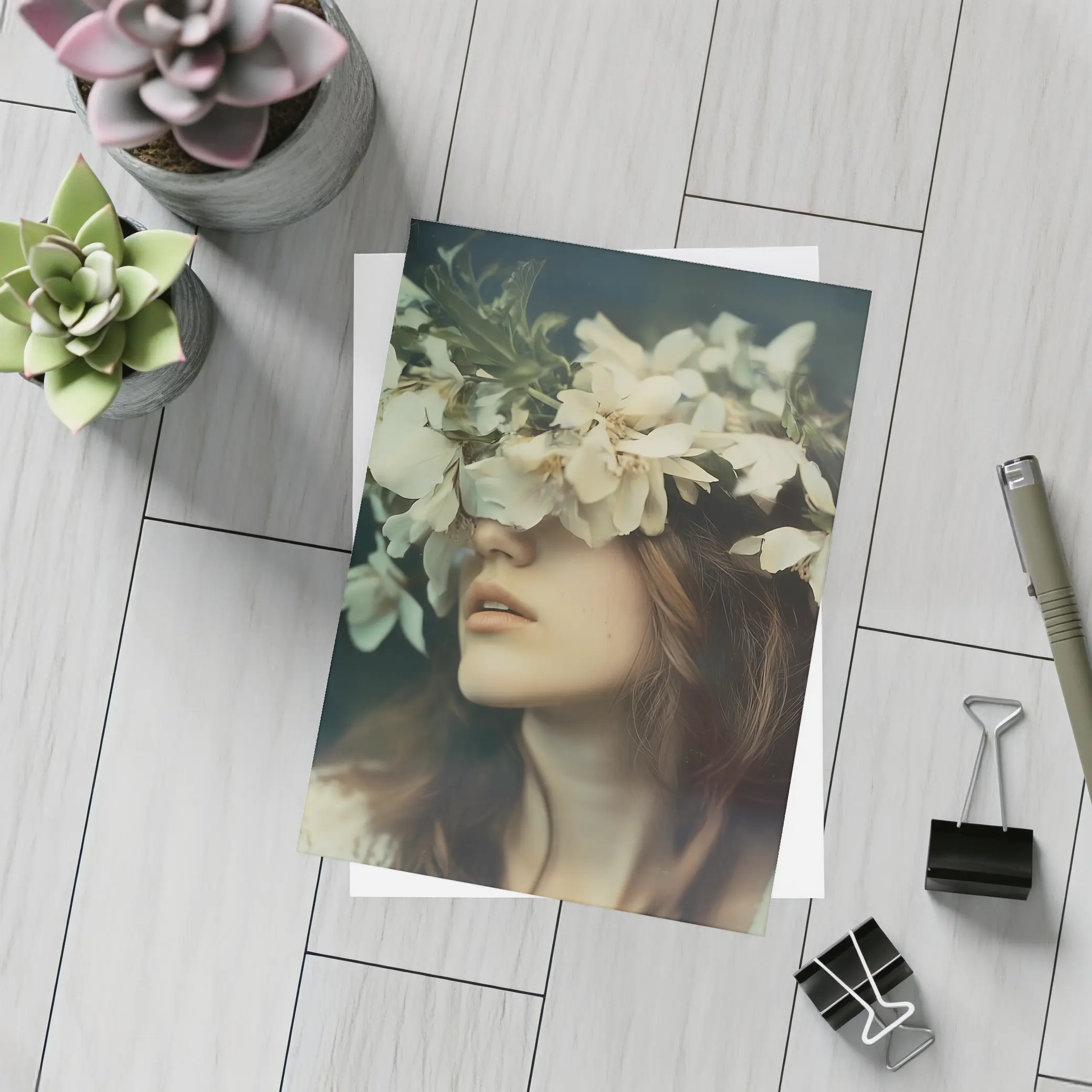 Woman White Flower Crown Dark Moody Portrait – Postcards