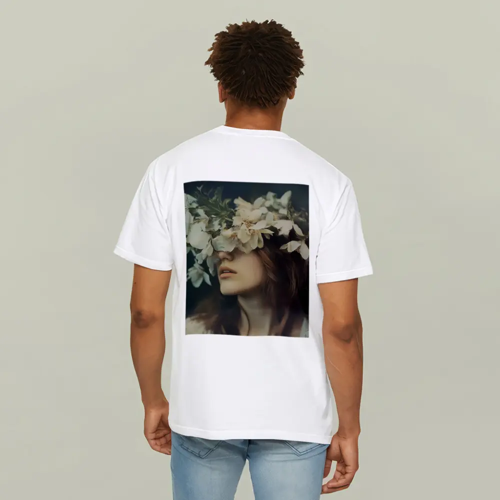Woman White Flower Crown Dark Moody Portrait – T-Shirts