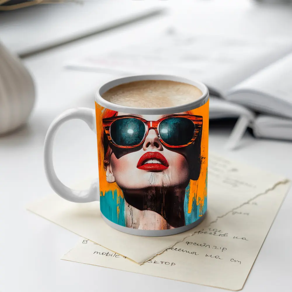 Red Hair Woman Sunglasses Pop Art Yellow – Mugs