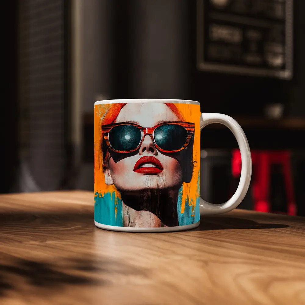 Red Hair Woman Sunglasses Pop Art Yellow – Mugs