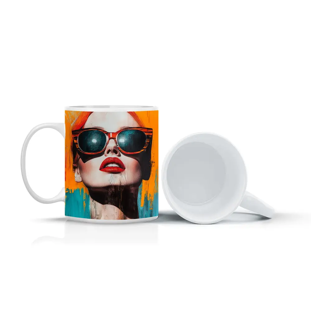 Red Hair Woman Sunglasses Pop Art Yellow – Mugs