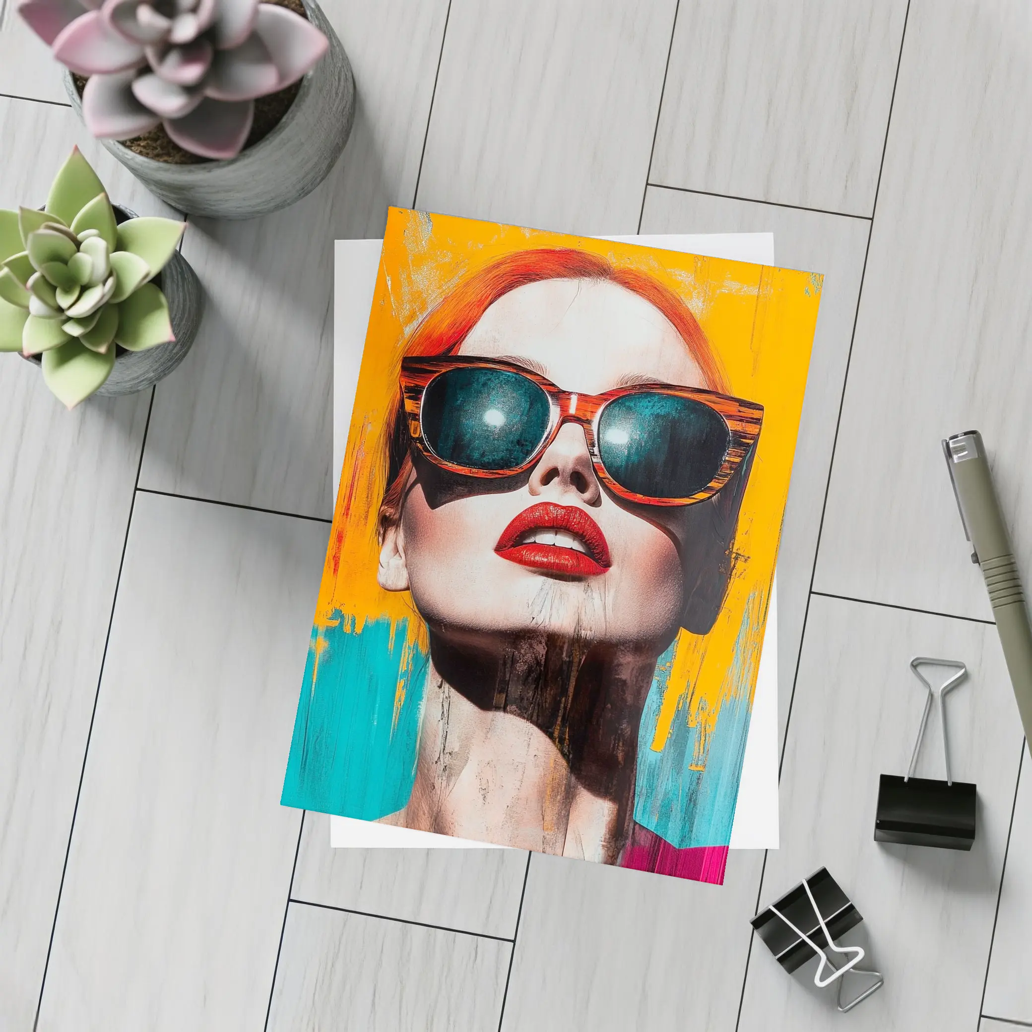 Red Hair Woman Sunglasses Pop Art Yellow – Postcards