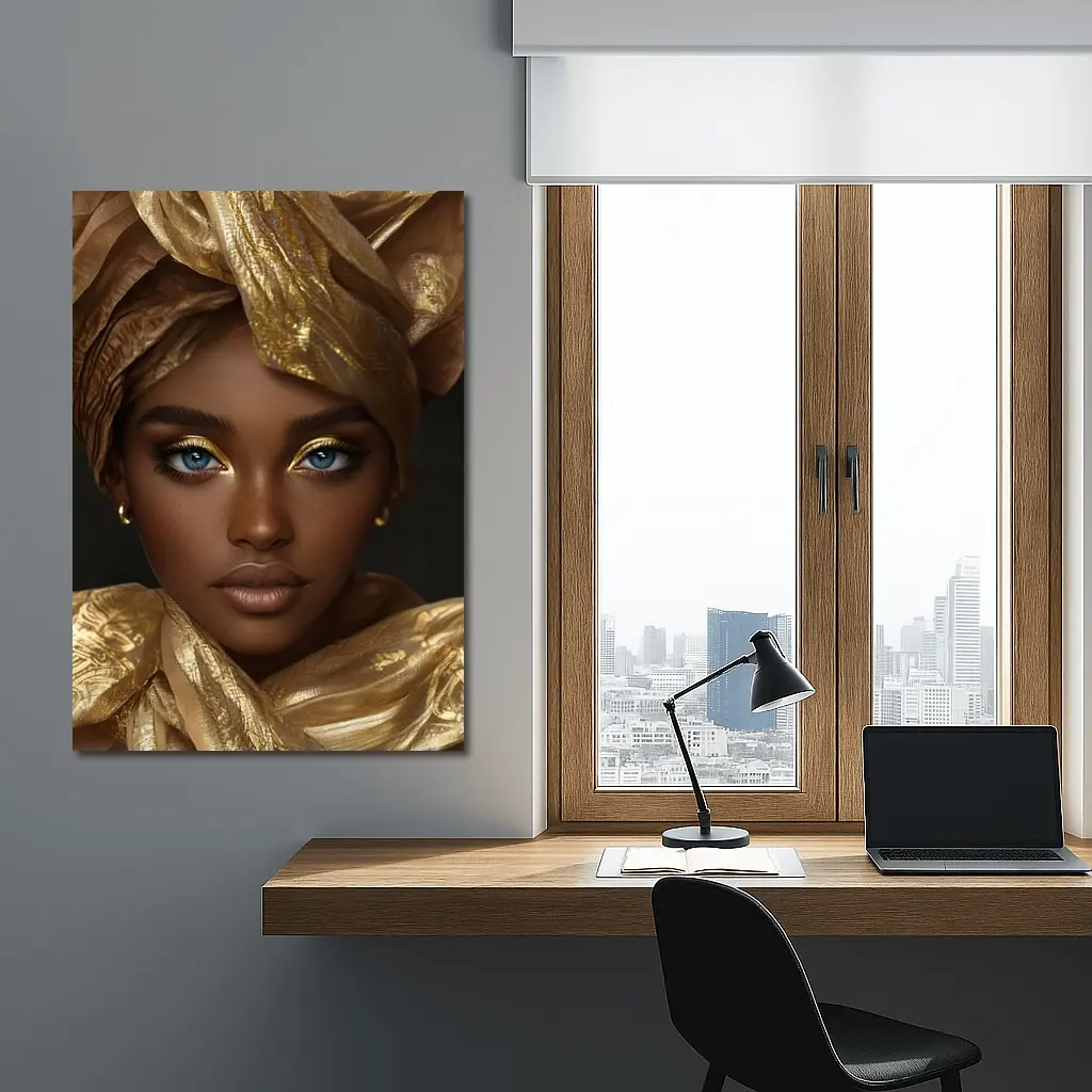 African Woman Golden Headwrap Blue Eyes Portrait – Wall Art