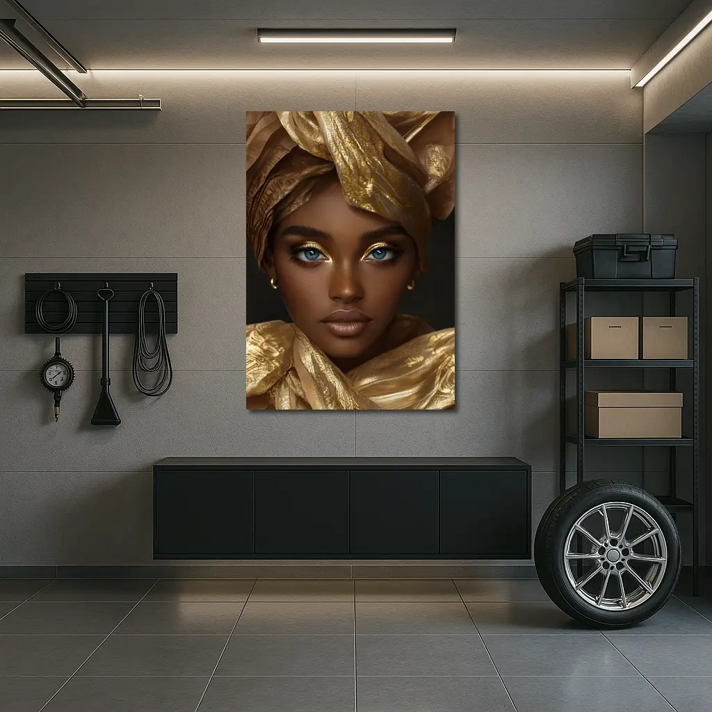 African Woman Golden Headwrap Blue Eyes Portrait – Wall Art