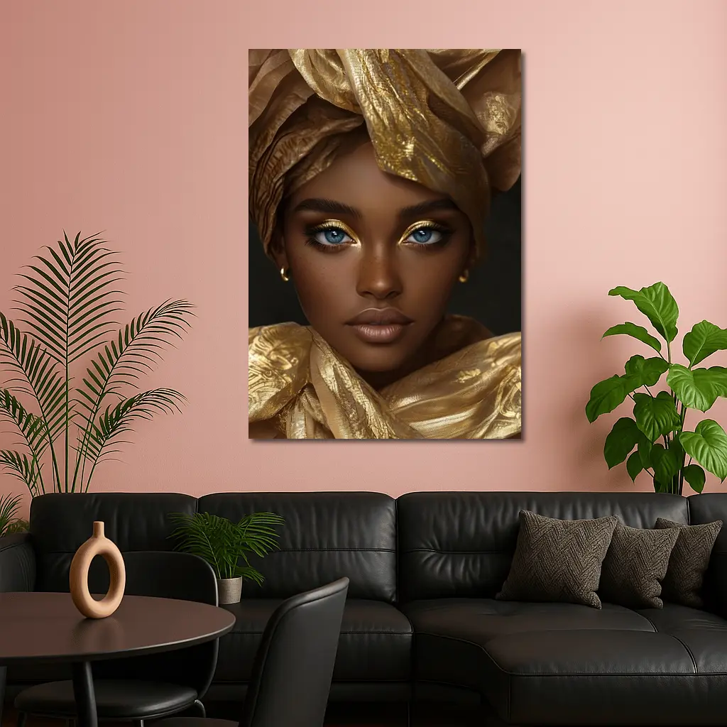 African Woman Golden Headwrap Blue Eyes Portrait – Wall Art