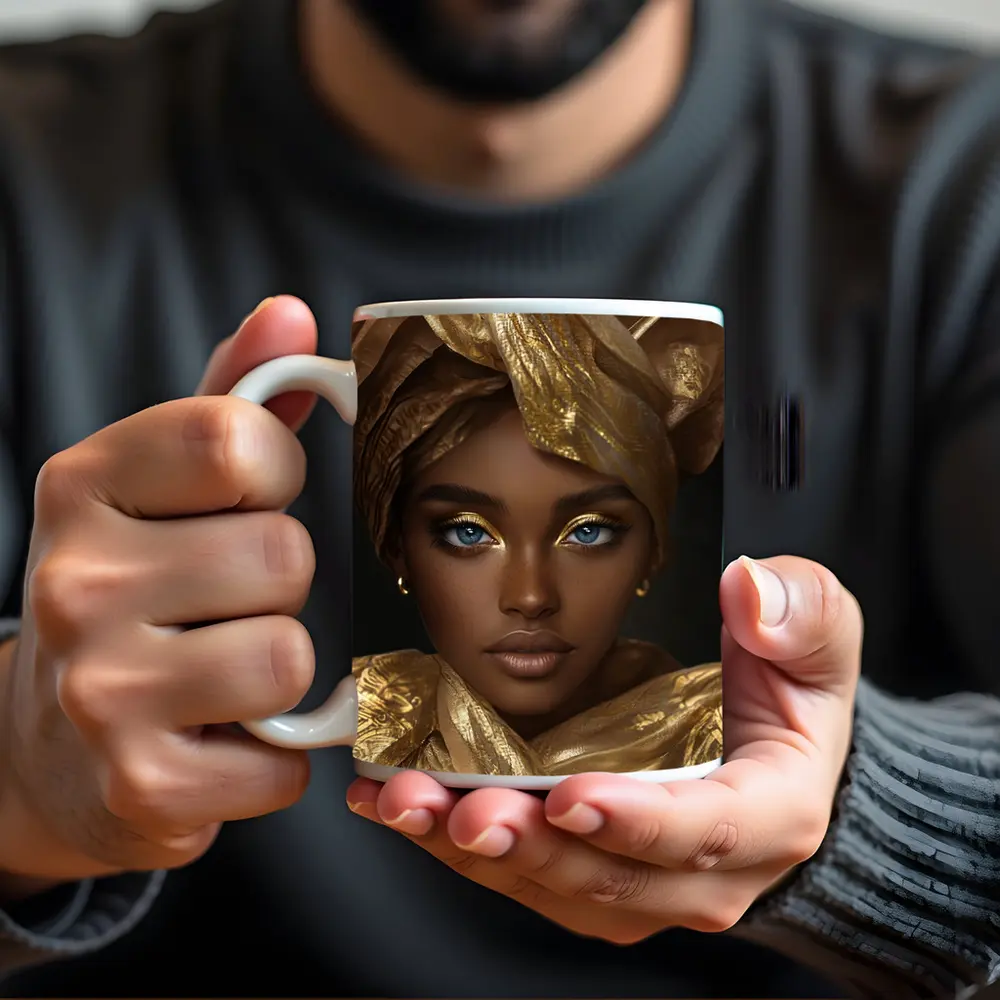 African Woman Golden Headwrap Blue Eyes Portrait – Mugs
