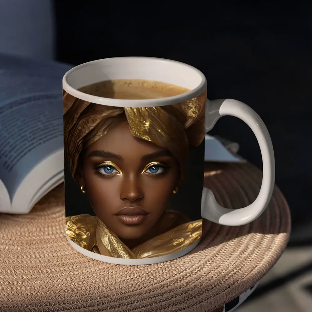 African Woman Golden Headwrap Blue Eyes Portrait – Mugs