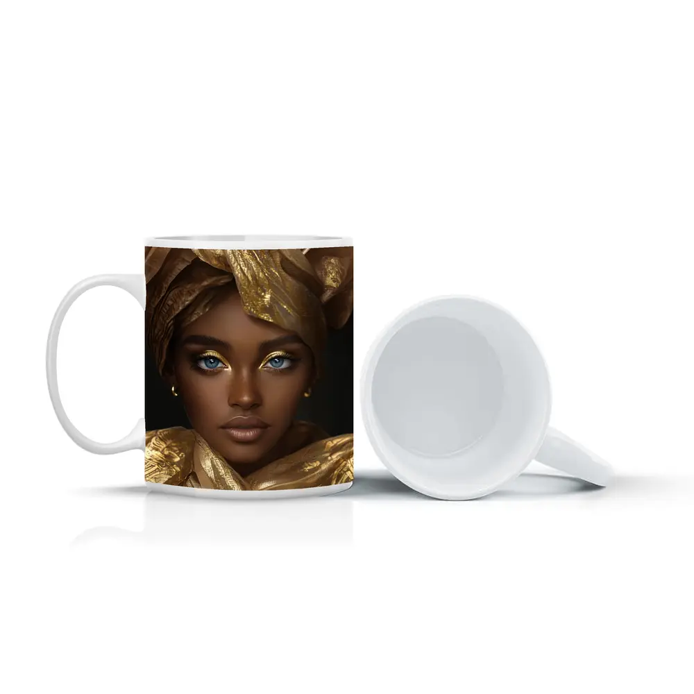 African Woman Golden Headwrap Blue Eyes Portrait – Mugs