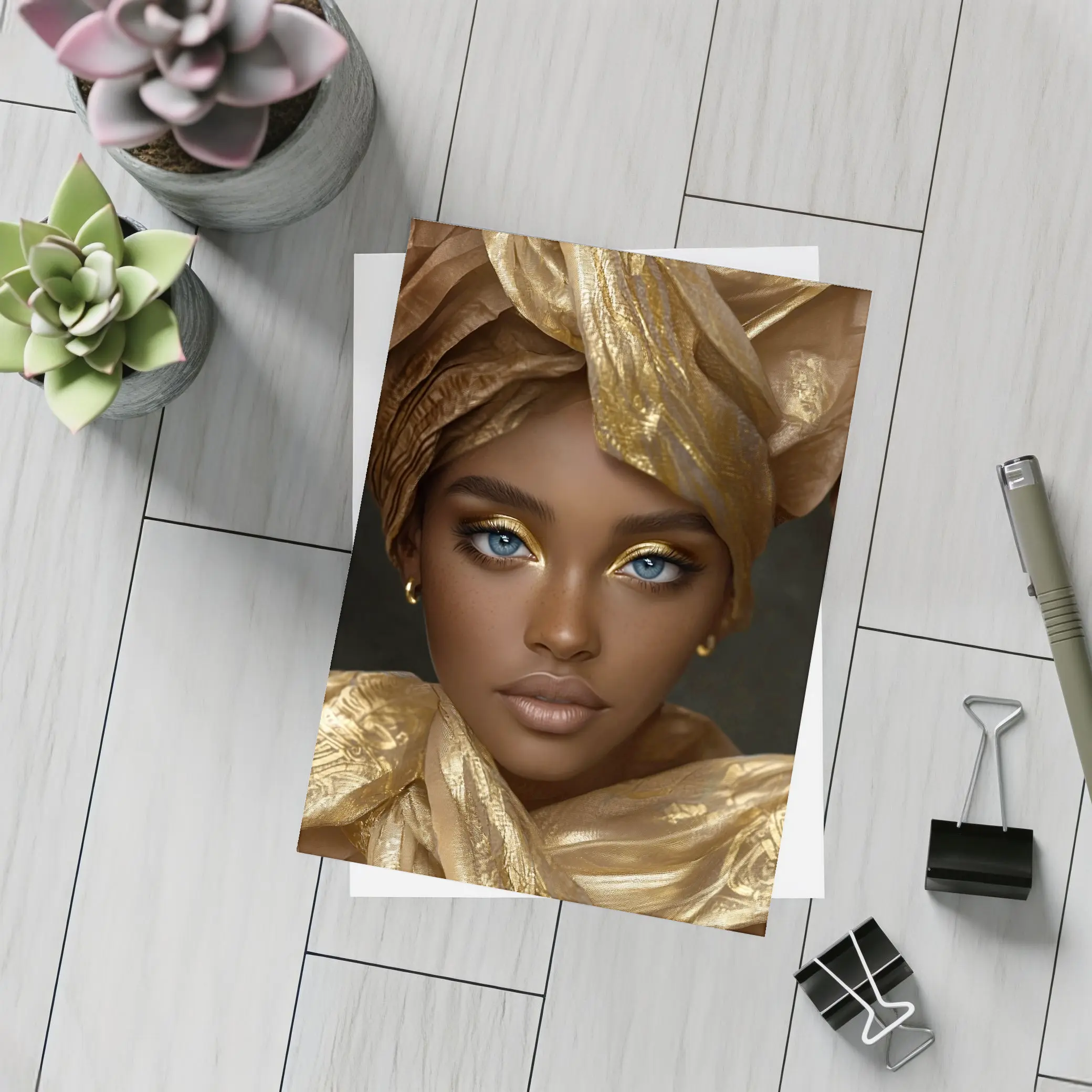 African Woman Golden Headwrap Blue Eyes Portrait – Postcards