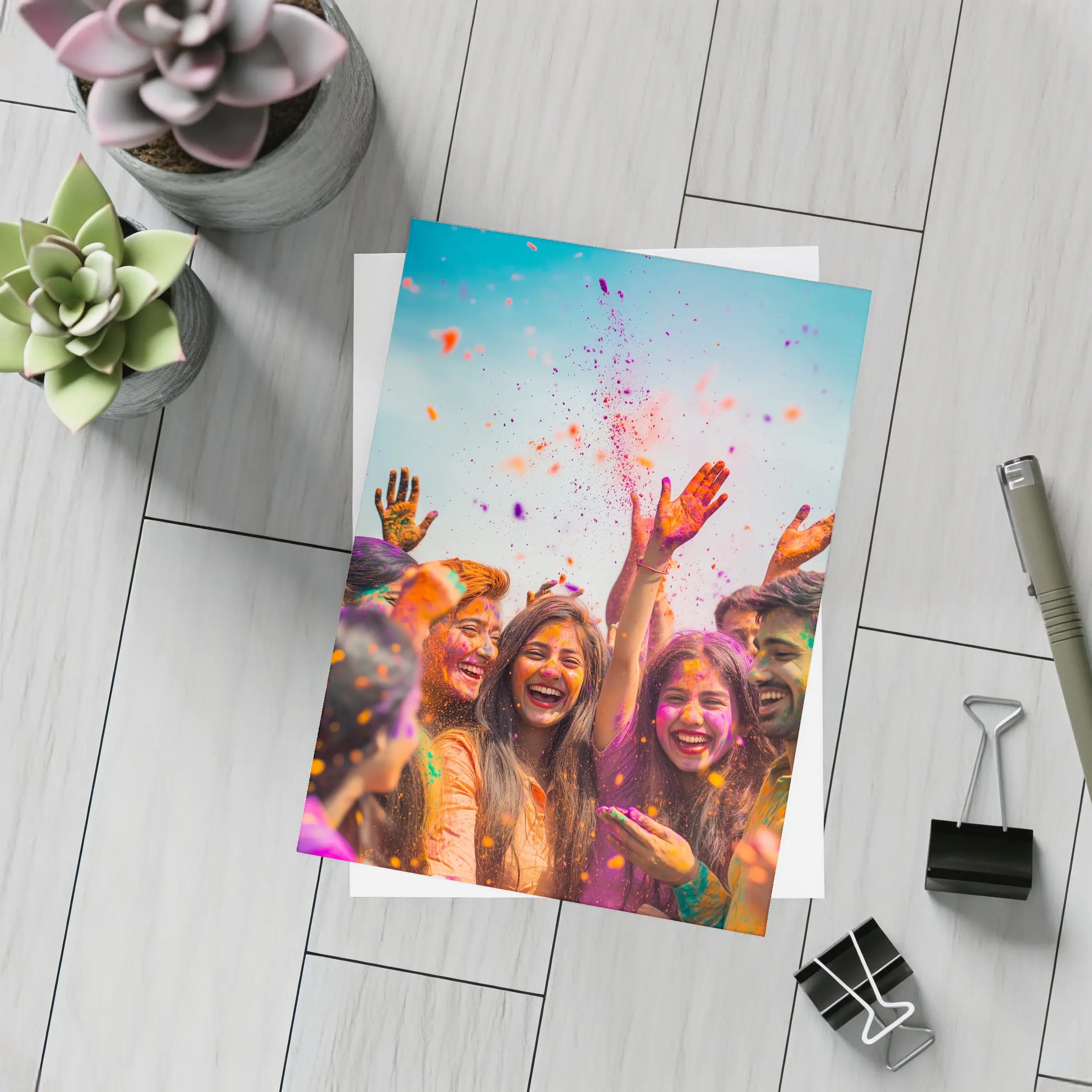 Friends Celebrating Holi Festival Colorful Powder – Postcards