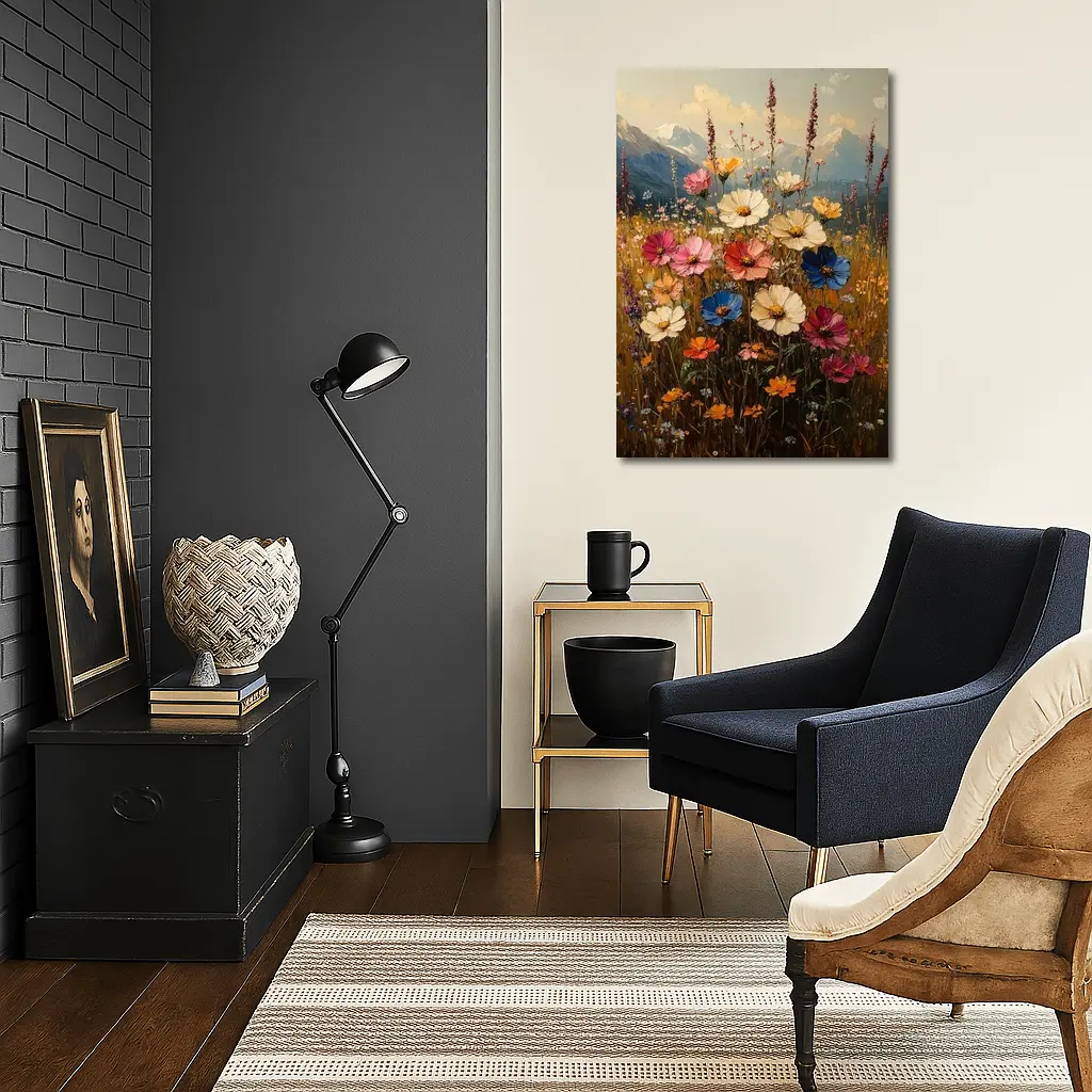 Colorful Wildflowers Field Mountain Landscape Painting – Wall Art