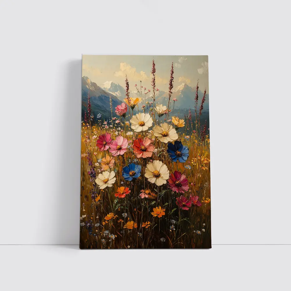 Colorful Wildflowers Field Mountain Landscape Painting – Wall Art