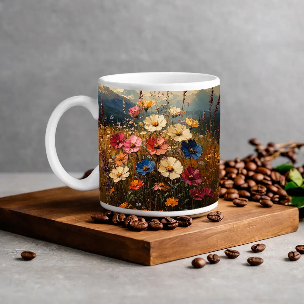 Colorful Wildflowers Field Mountain Landscape Painting – Mugs
