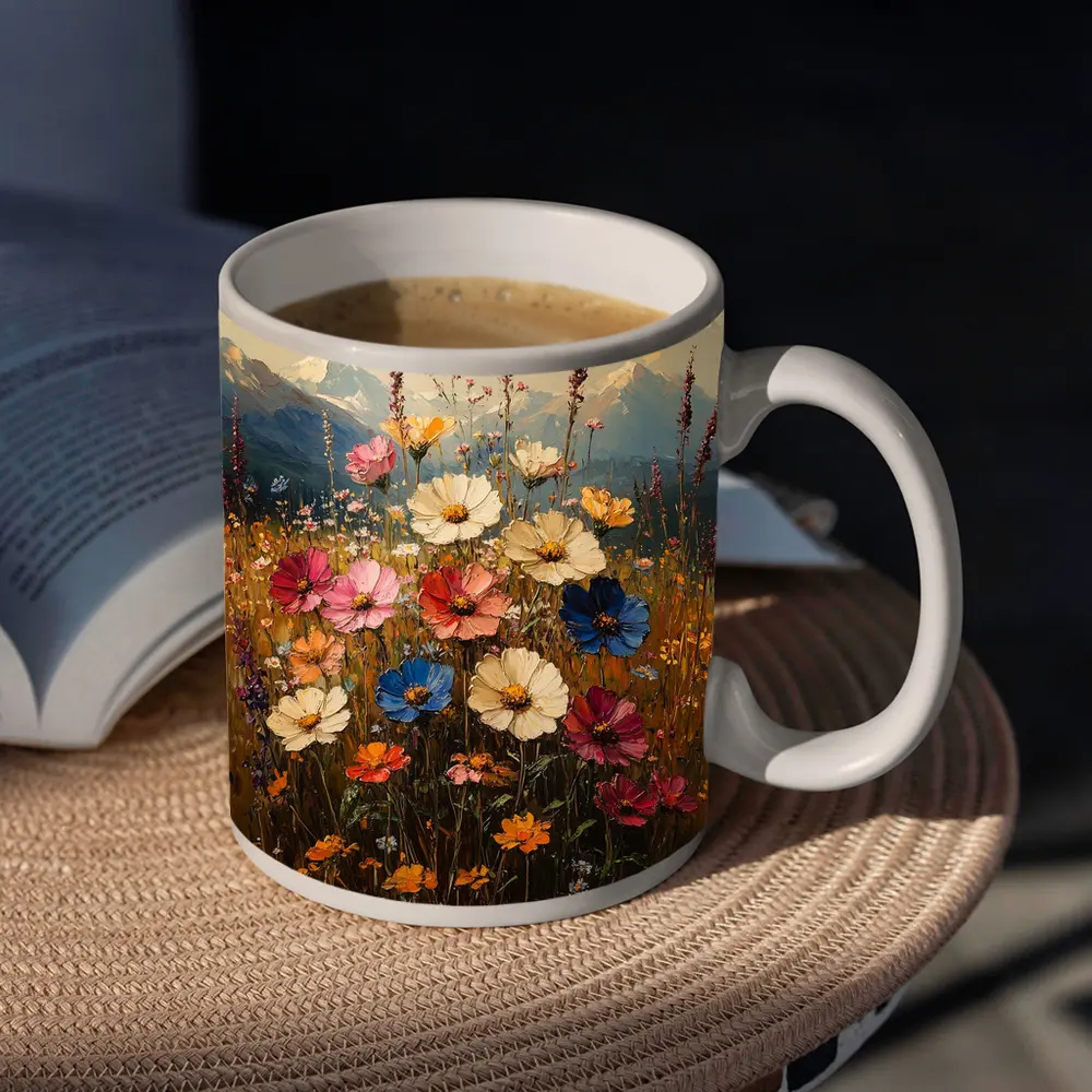 Colorful Wildflowers Field Mountain Landscape Painting – Mugs