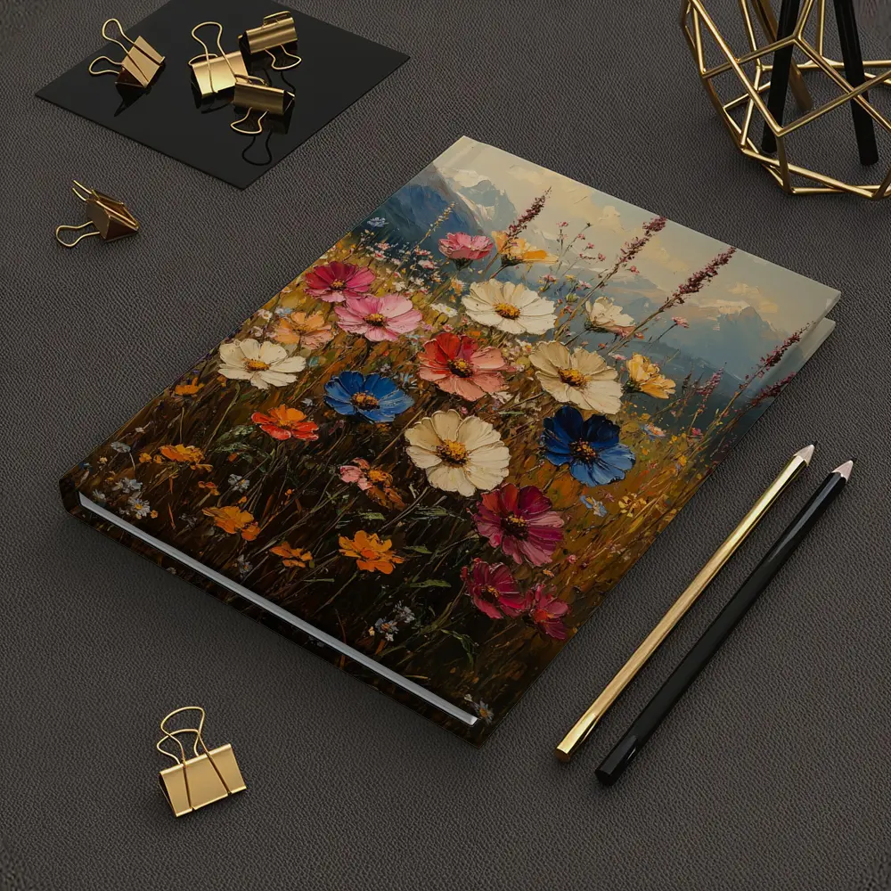 Colorful Wildflowers Field Mountain Landscape Painting – Notebooks