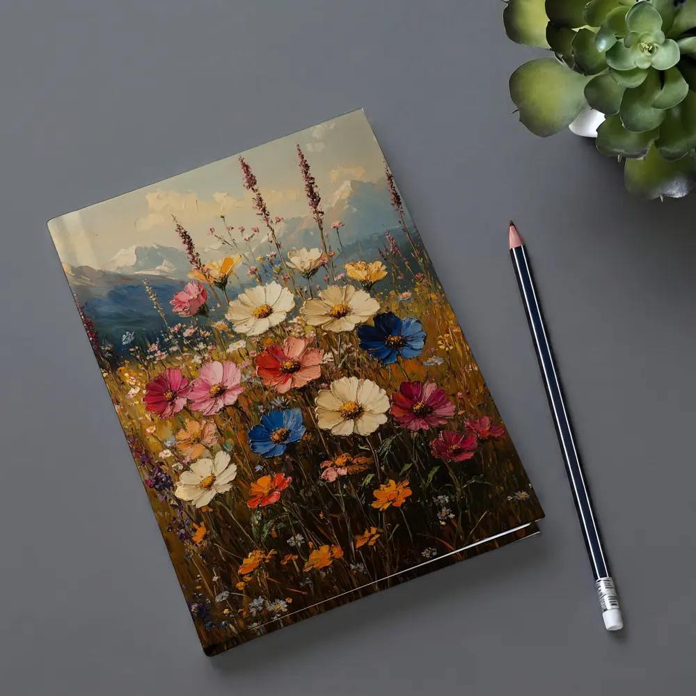 Colorful Wildflowers Field Mountain Landscape Painting – Notebooks