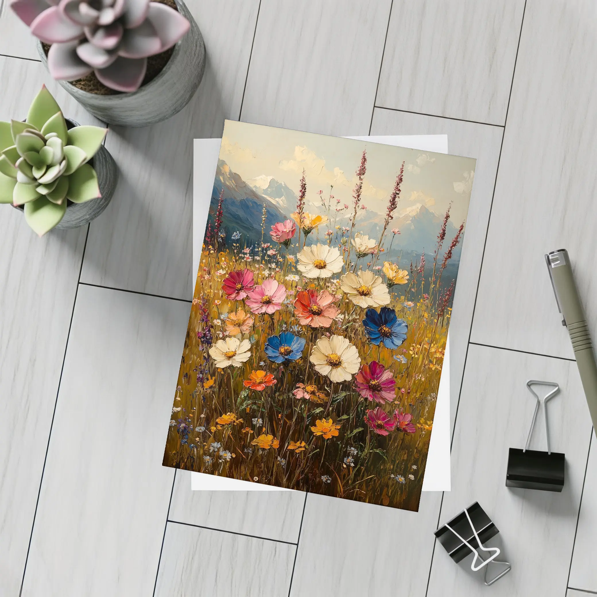 Colorful Wildflowers Field Mountain Landscape Painting – Postcards