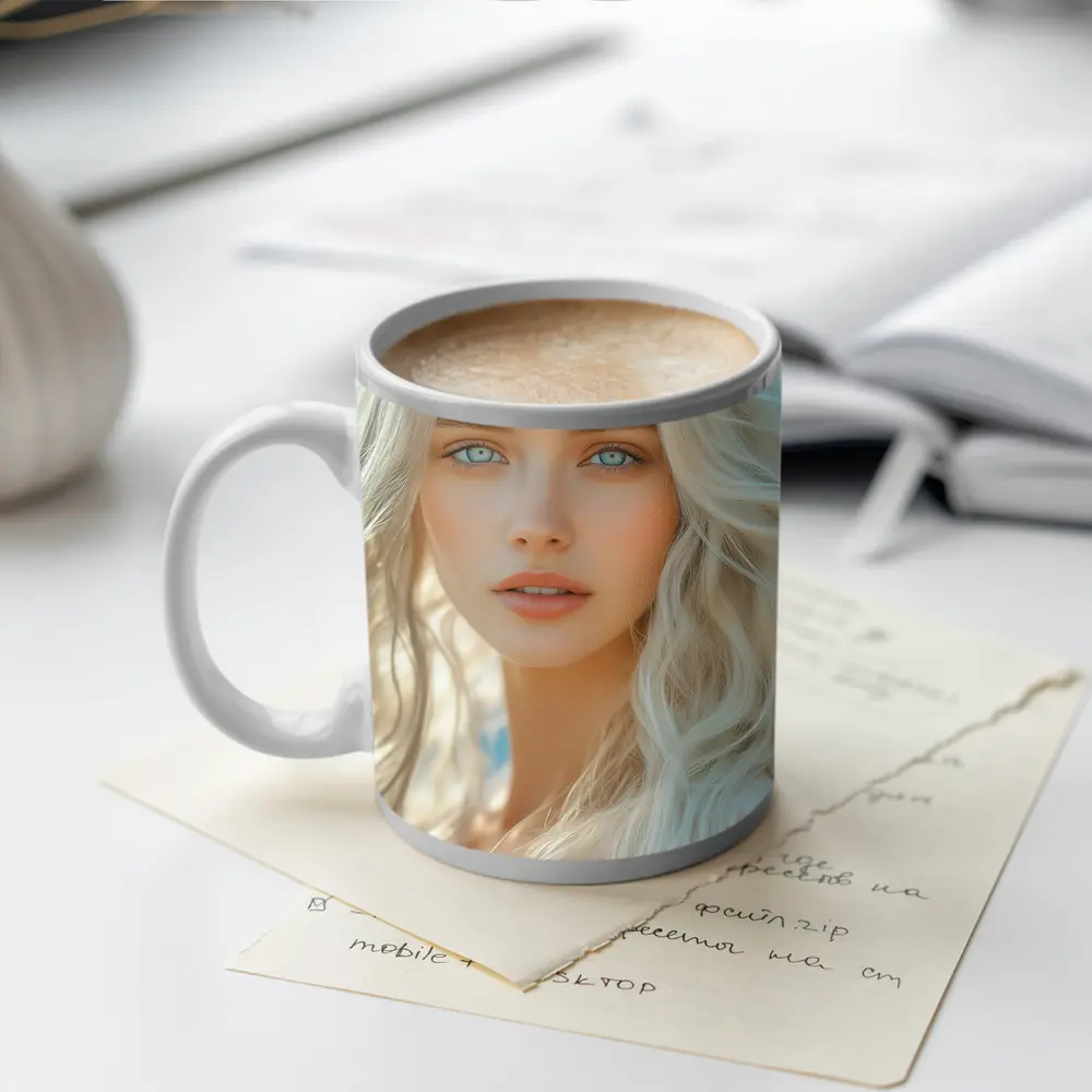 White Hair Blue Eyes Woman Portrait – Mugs
