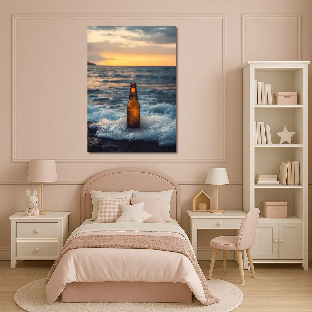 Cold Beer Bottle Ocean Sunset Waves – Wall Art
