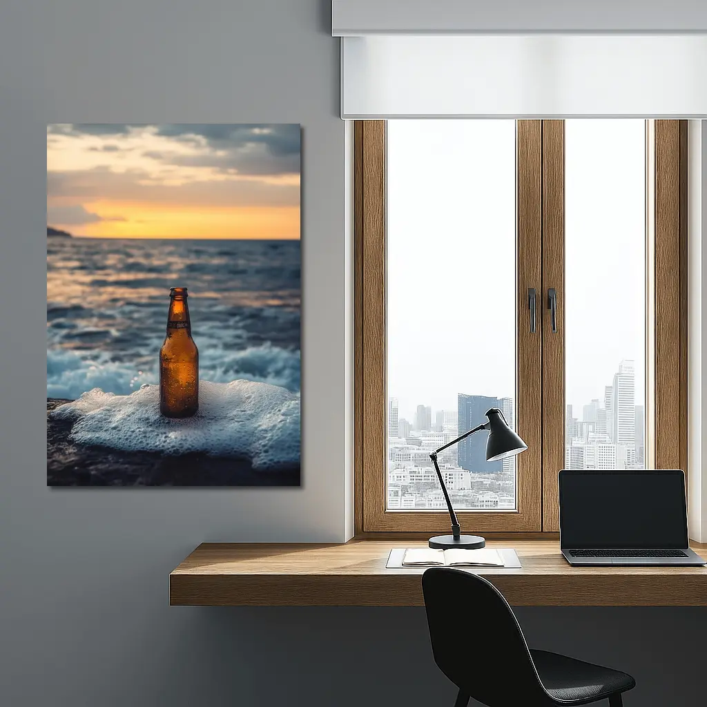 Cold Beer Bottle Ocean Sunset Waves – Wall Art