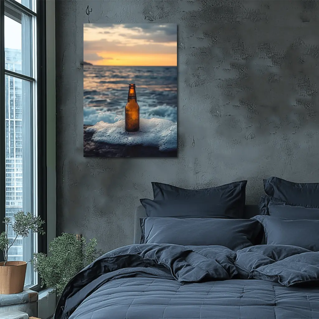 Cold Beer Bottle Ocean Sunset Waves – Wall Art