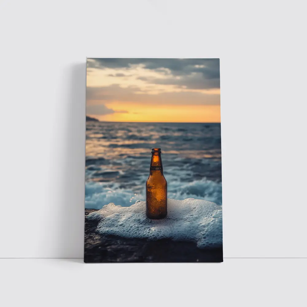 Cold Beer Bottle Ocean Sunset Waves – Wall Art