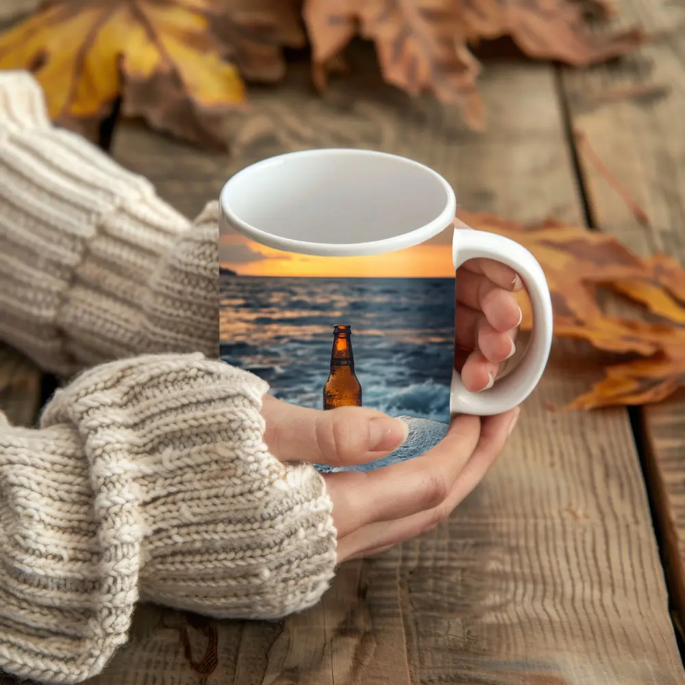 Cold Beer Bottle Ocean Sunset Waves – Mugs