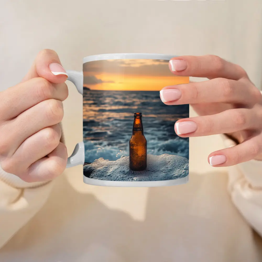 Cold Beer Bottle Ocean Sunset Waves – Mugs