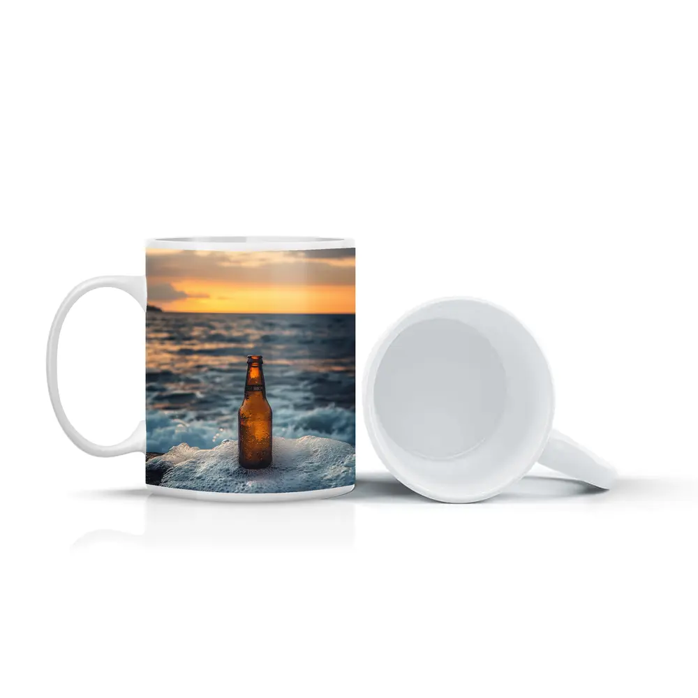 Cold Beer Bottle Ocean Sunset Waves – Mugs