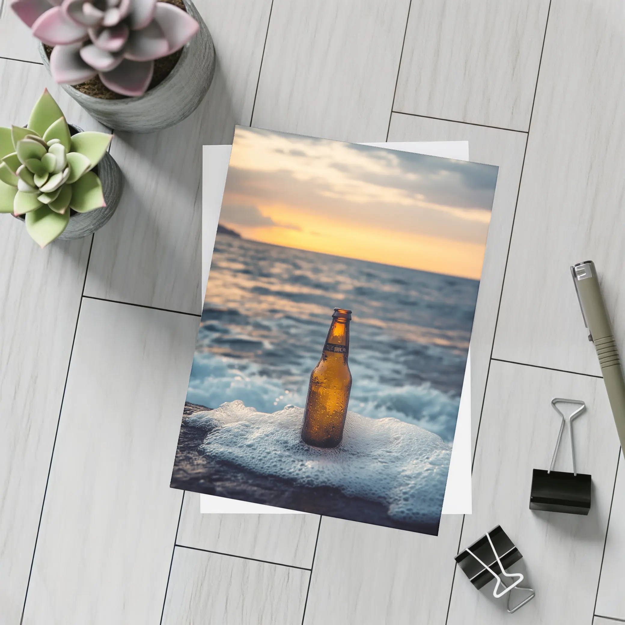 Cold Beer Bottle Ocean Sunset Waves – Postcards