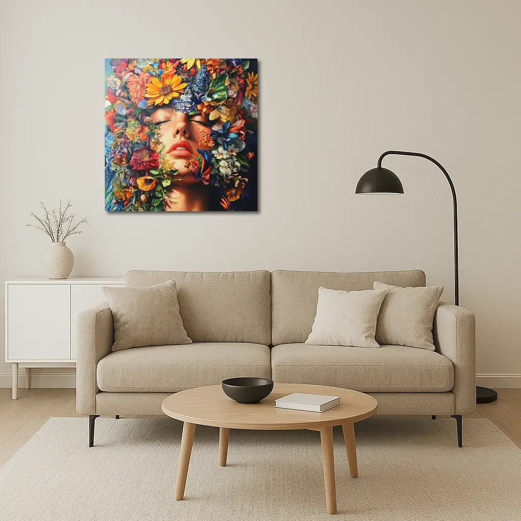 Woman Face Surrounded By Colorful Wildflowers Art – Wall Art