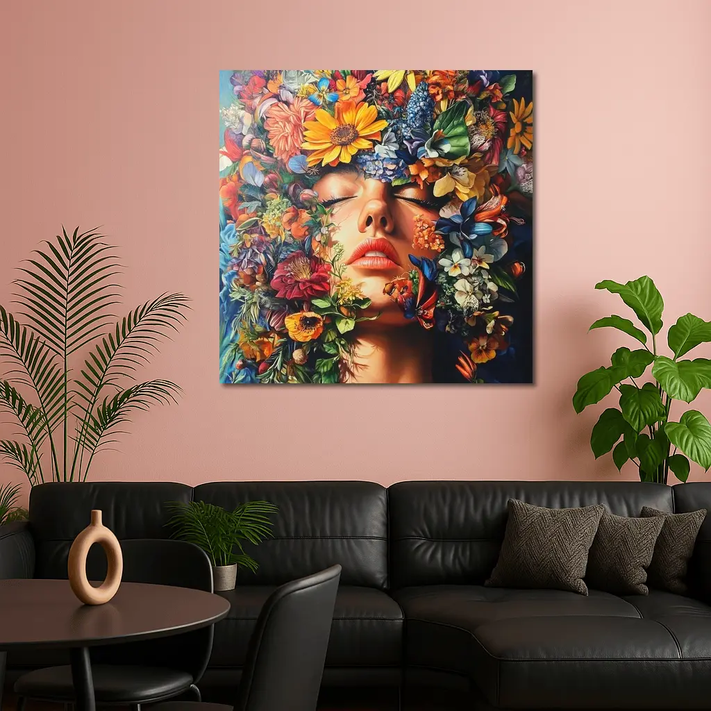 Woman Face Surrounded By Colorful Wildflowers Art – Wall Art