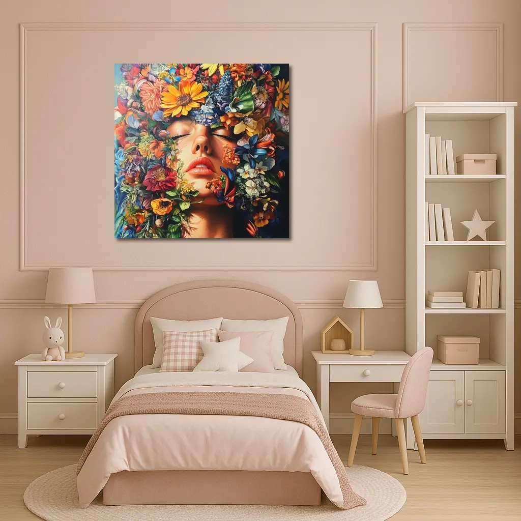 Woman Face Surrounded By Colorful Wildflowers Art – Wall Art
