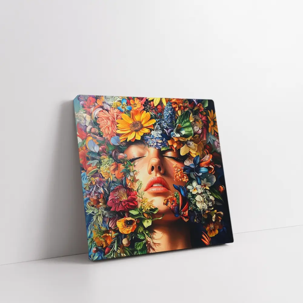 Woman Face Surrounded By Colorful Wildflowers Art – Wall Art